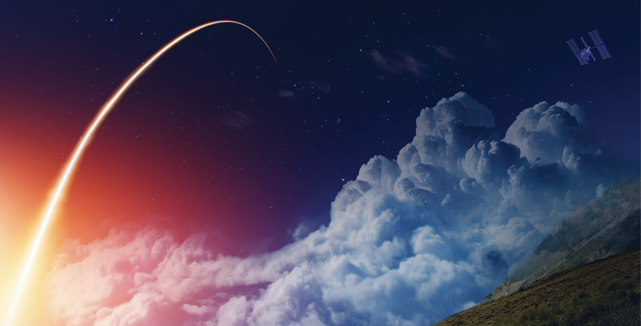 Rocket launch with satellite over illuminated clouds at night