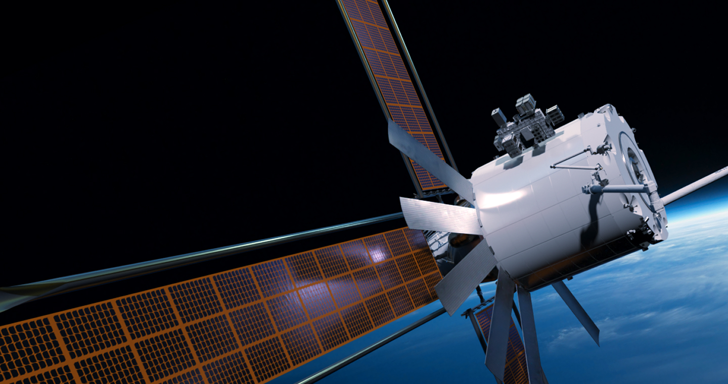 Satellite orbiting Earth with solar panels extended