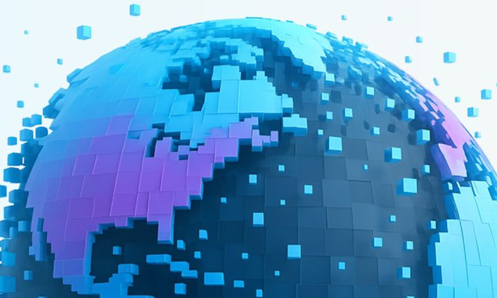 Digital pixelated globe in blue tones