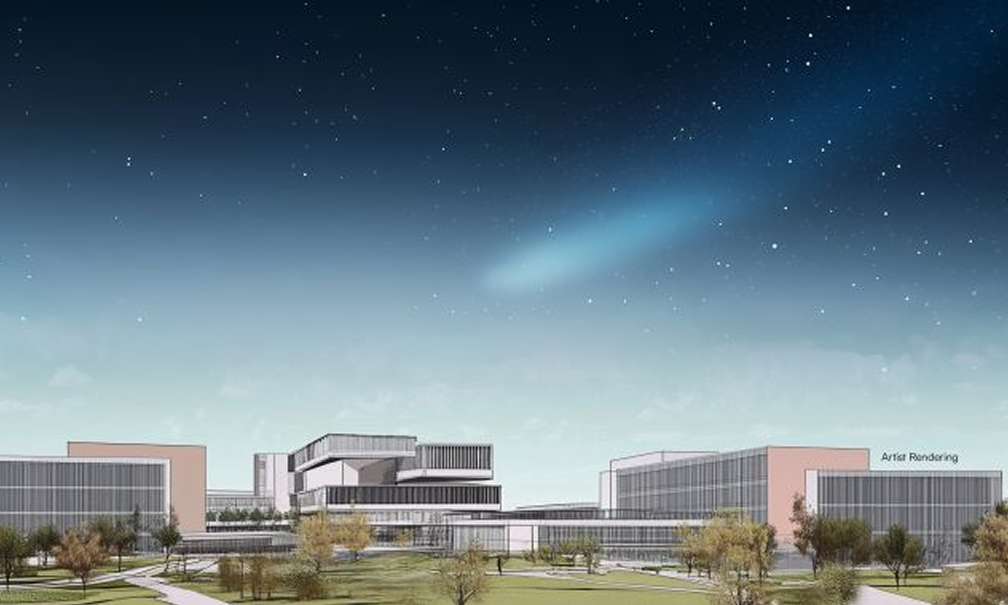 Digital rendering of modern campus under starry night sky