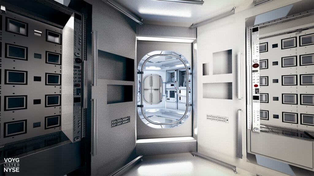 Futuristic spaceship corridor with circular door