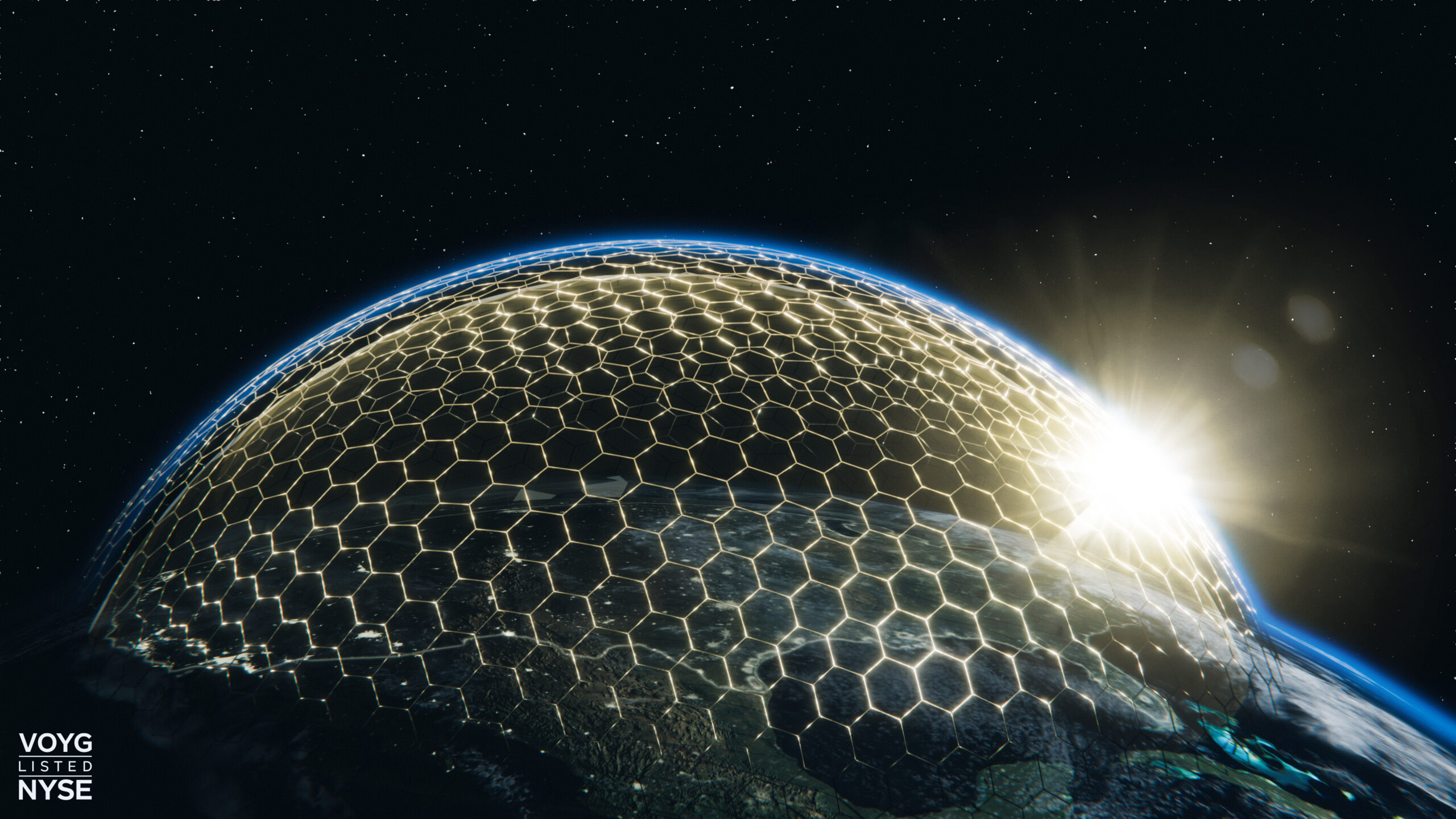 Illuminated hexagonal grid over Earth from space