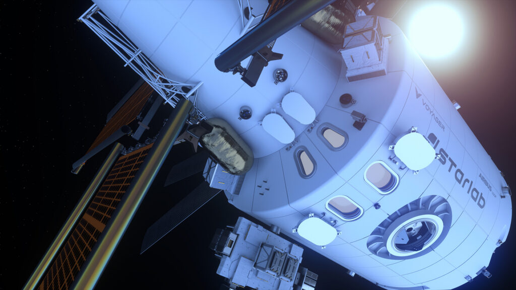 Starlab Space Station module with solar panels in orbit.