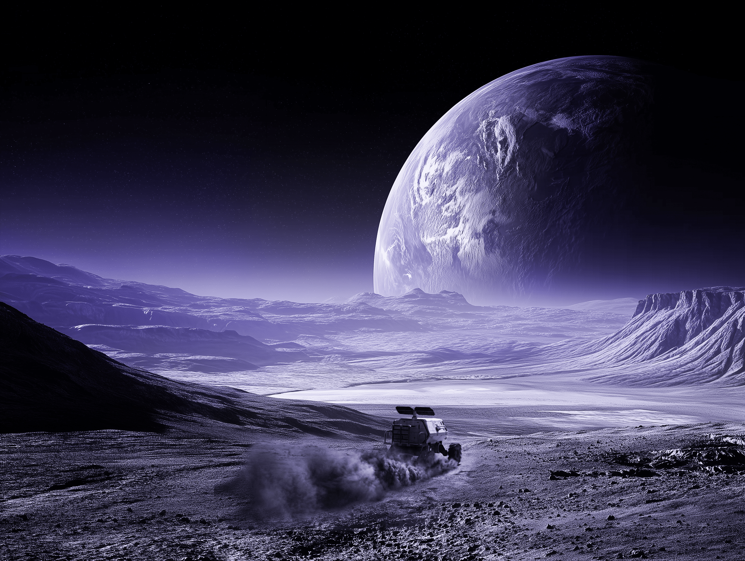 Rover on an alien planet with large moon.