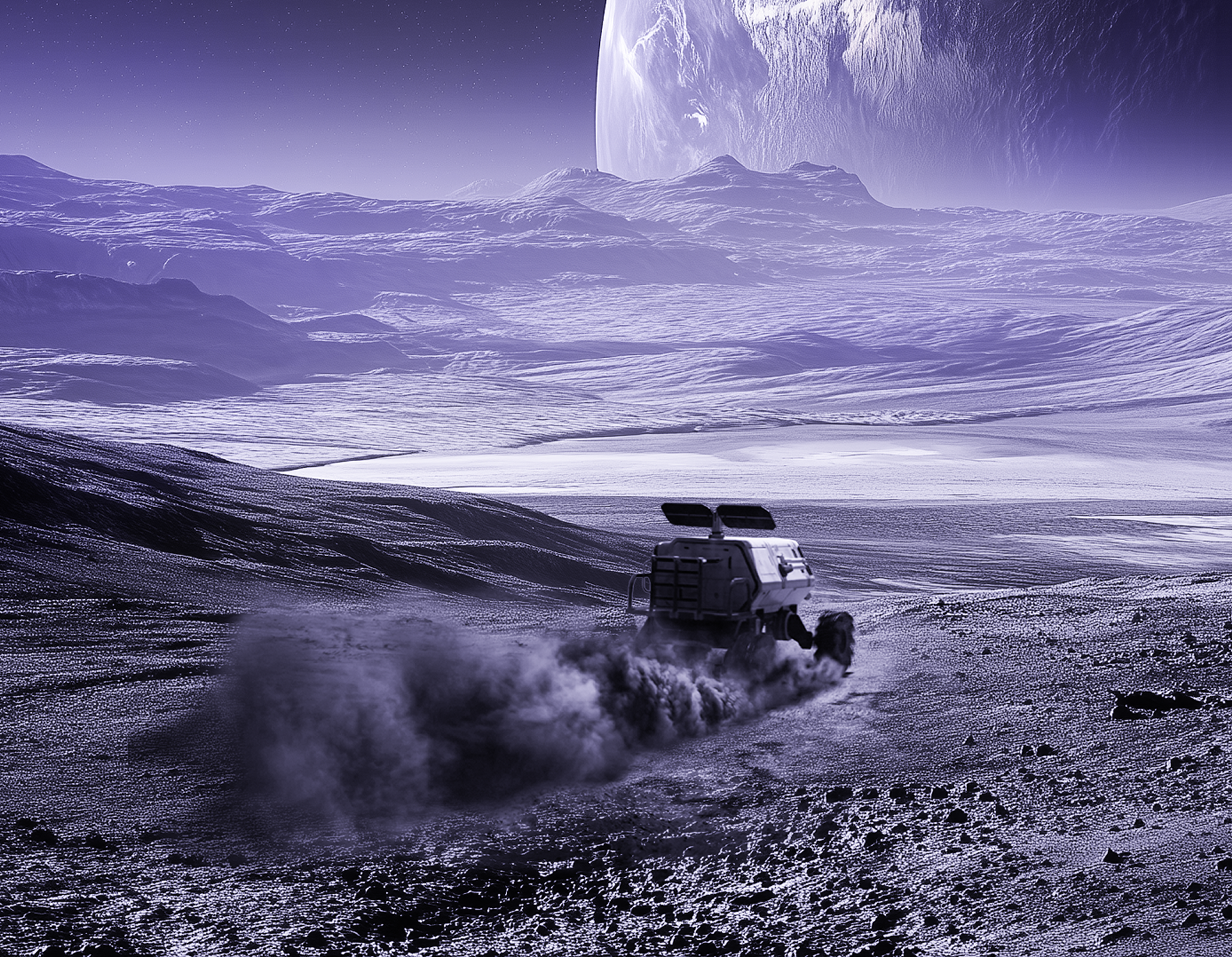 Rover explores alien planet with distant moon backdrop.