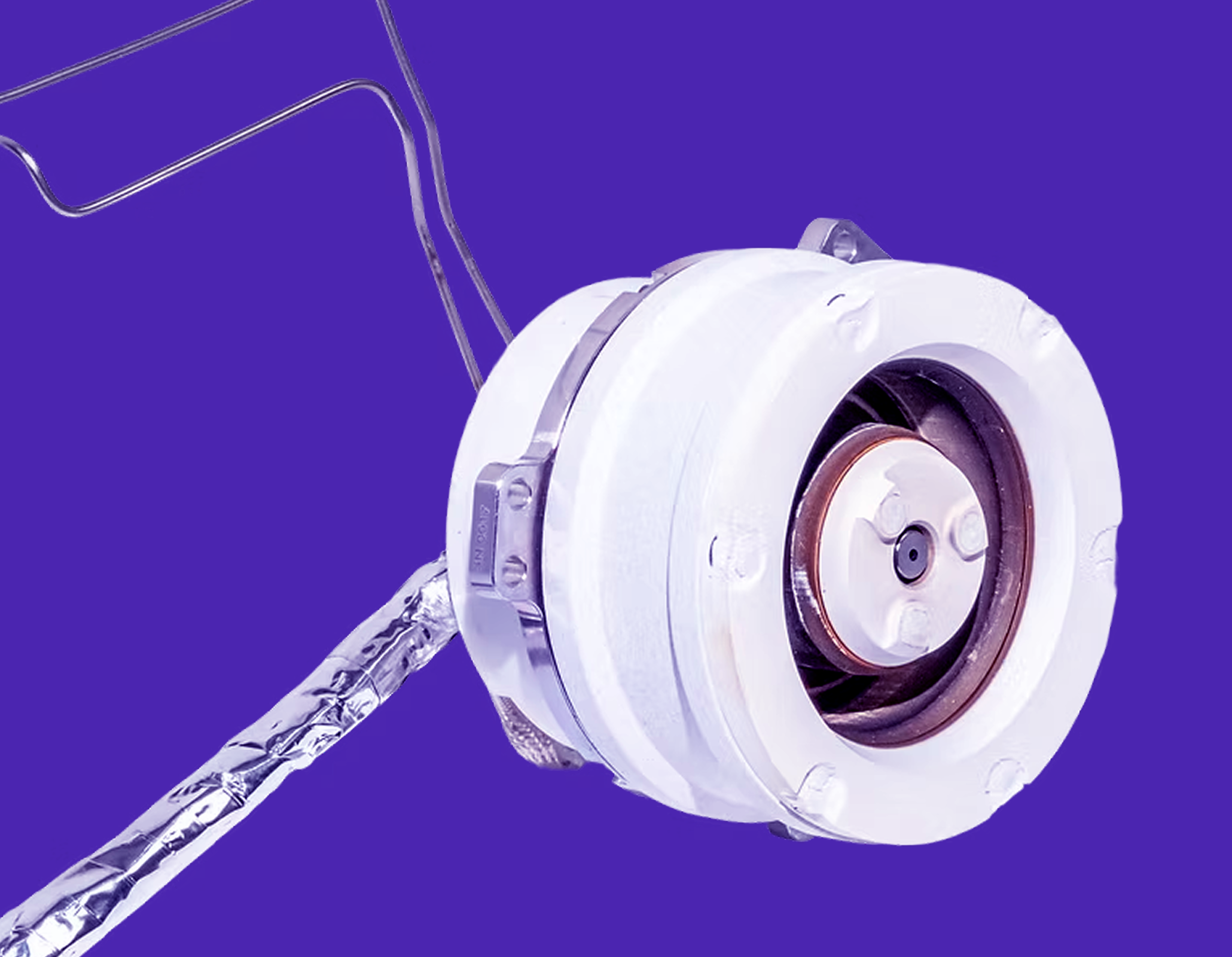 White mechanical device with wires, purple background.