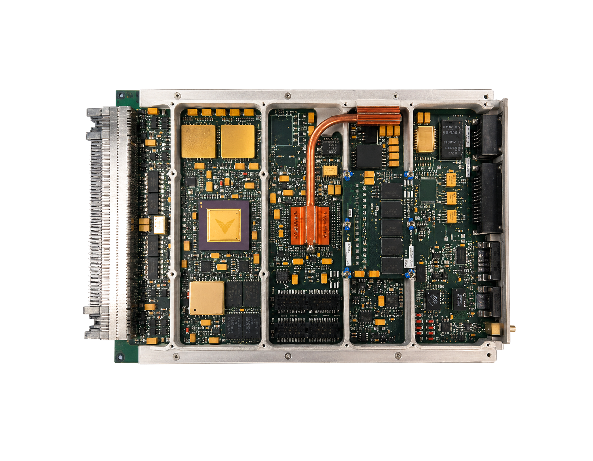 Electronic circuit board with components and connectors.