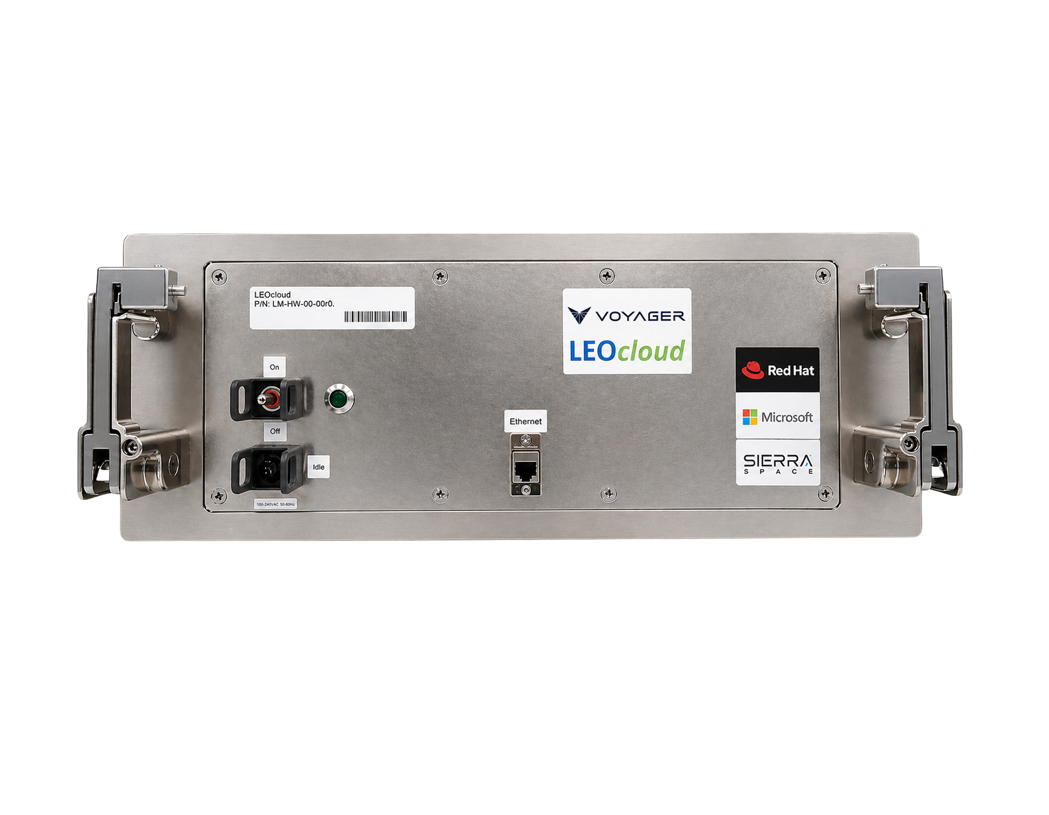 Back panel of network device with various brand logos.