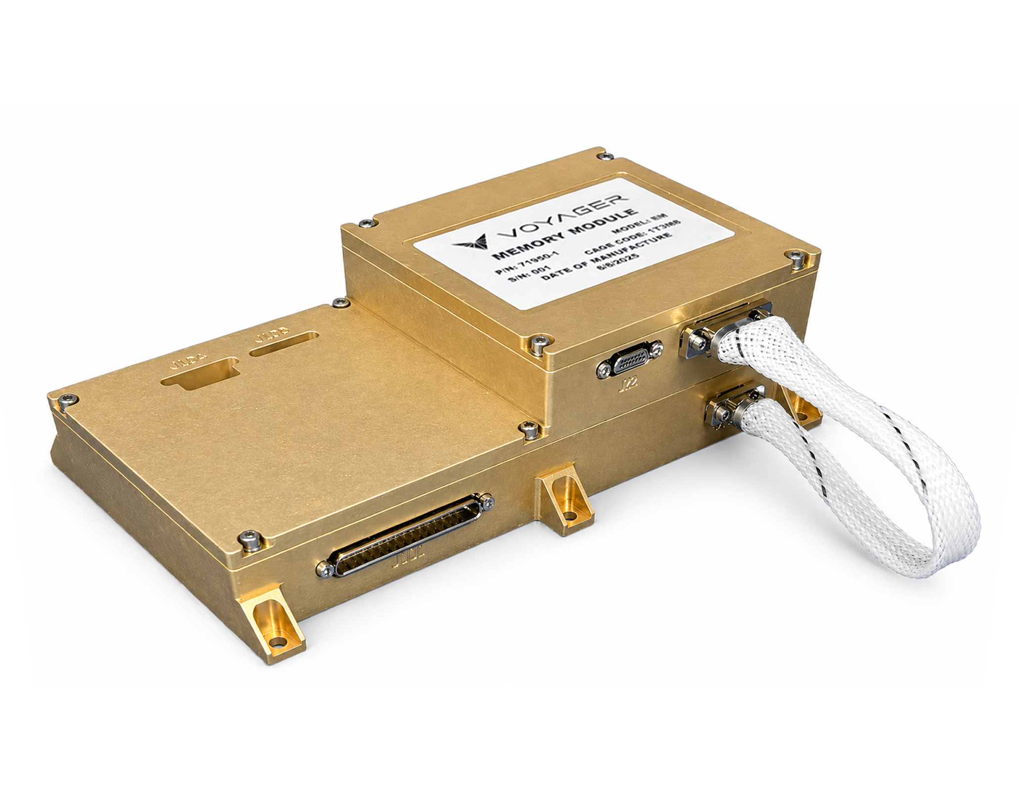 Gold rectangular electronic device with connectors.