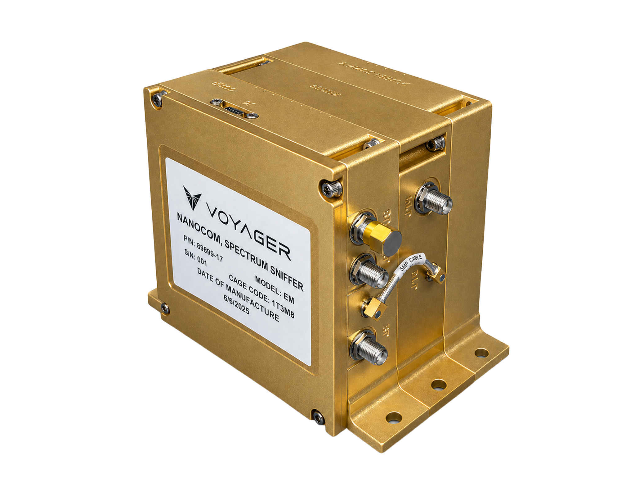 Gold electronic device with Voyager label and connectors.