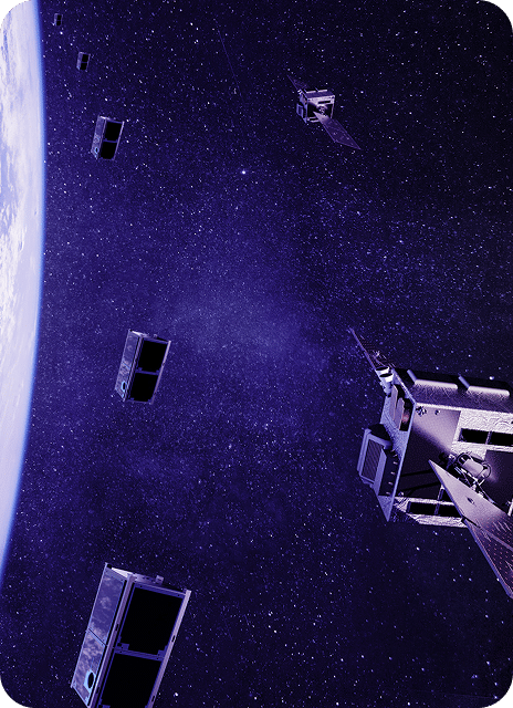 Satellites in orbit around Earth, starry space background.