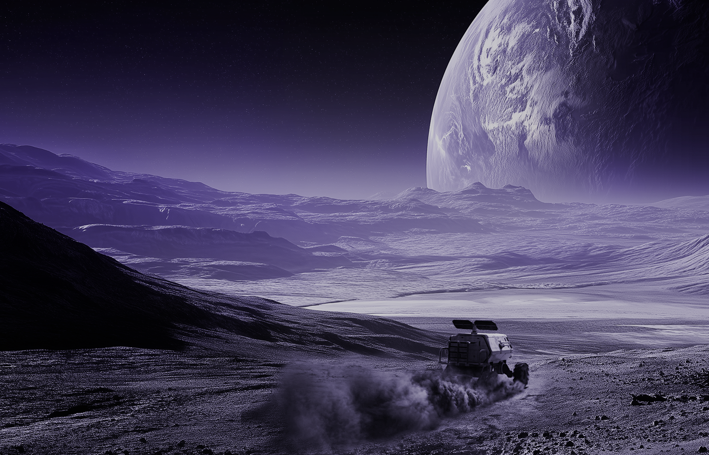Rover exploring barren extraterrestrial landscape with planet view.