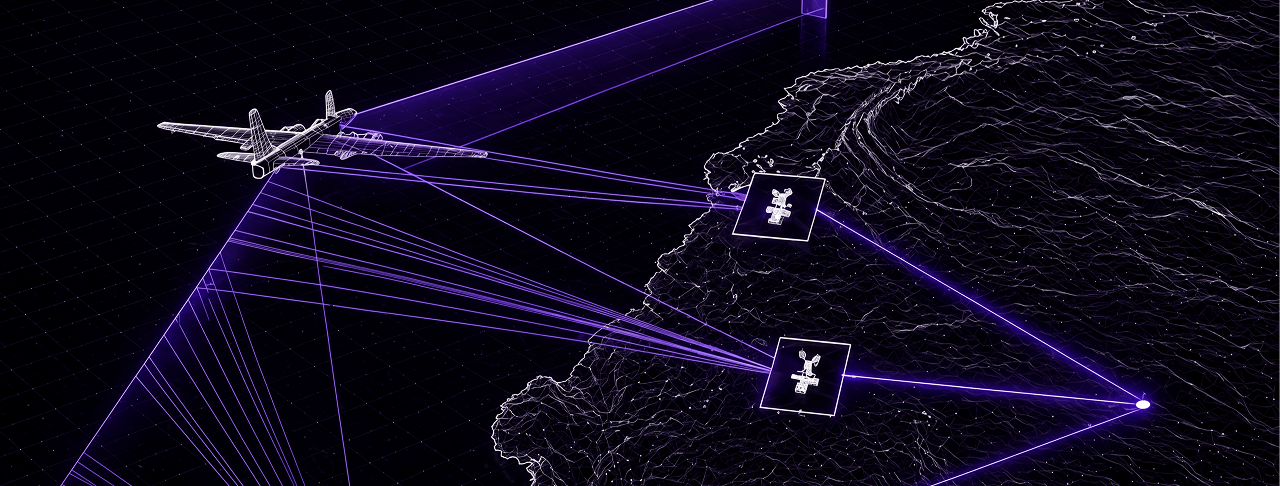 Aircraft with surveillance technology mapping terrain and signals.