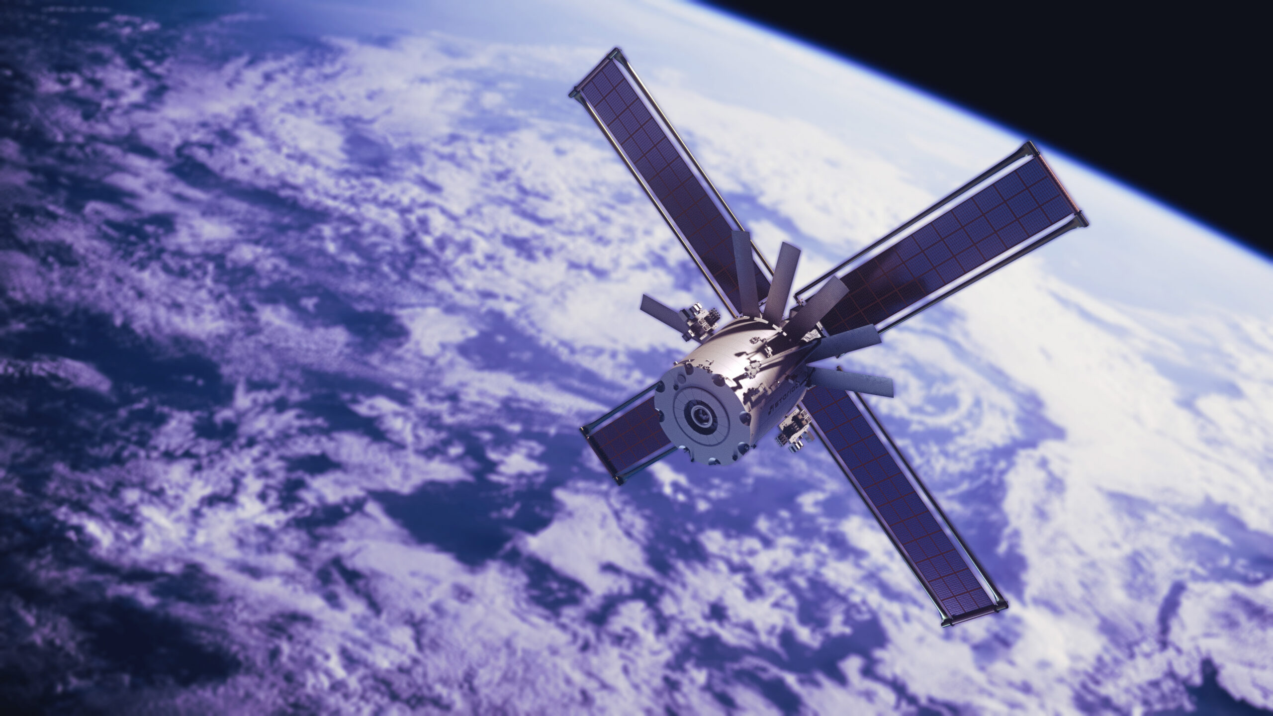 Satellite orbiting Earth with solar panels.