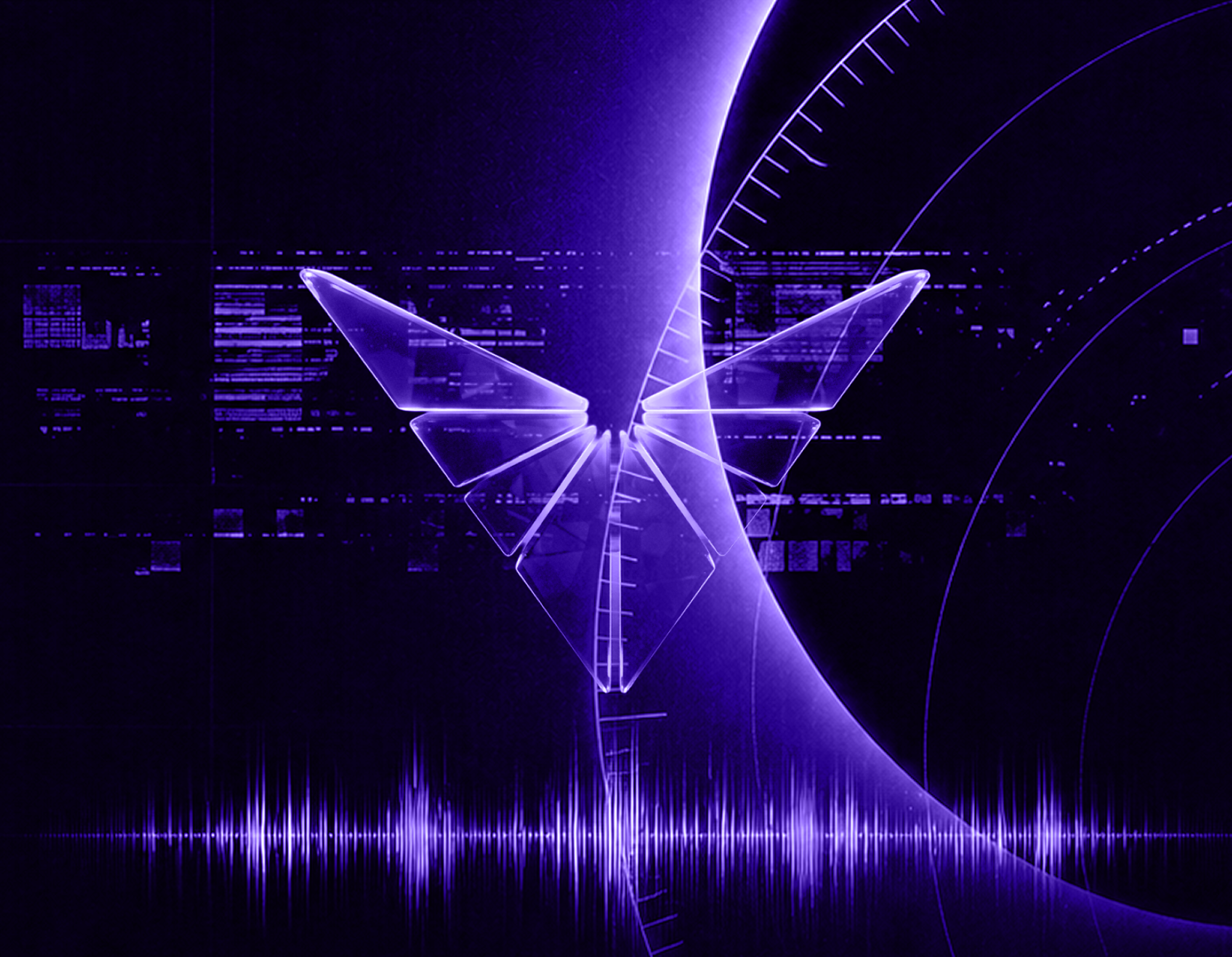 Futuristic purple digital butterfly with glowing details.