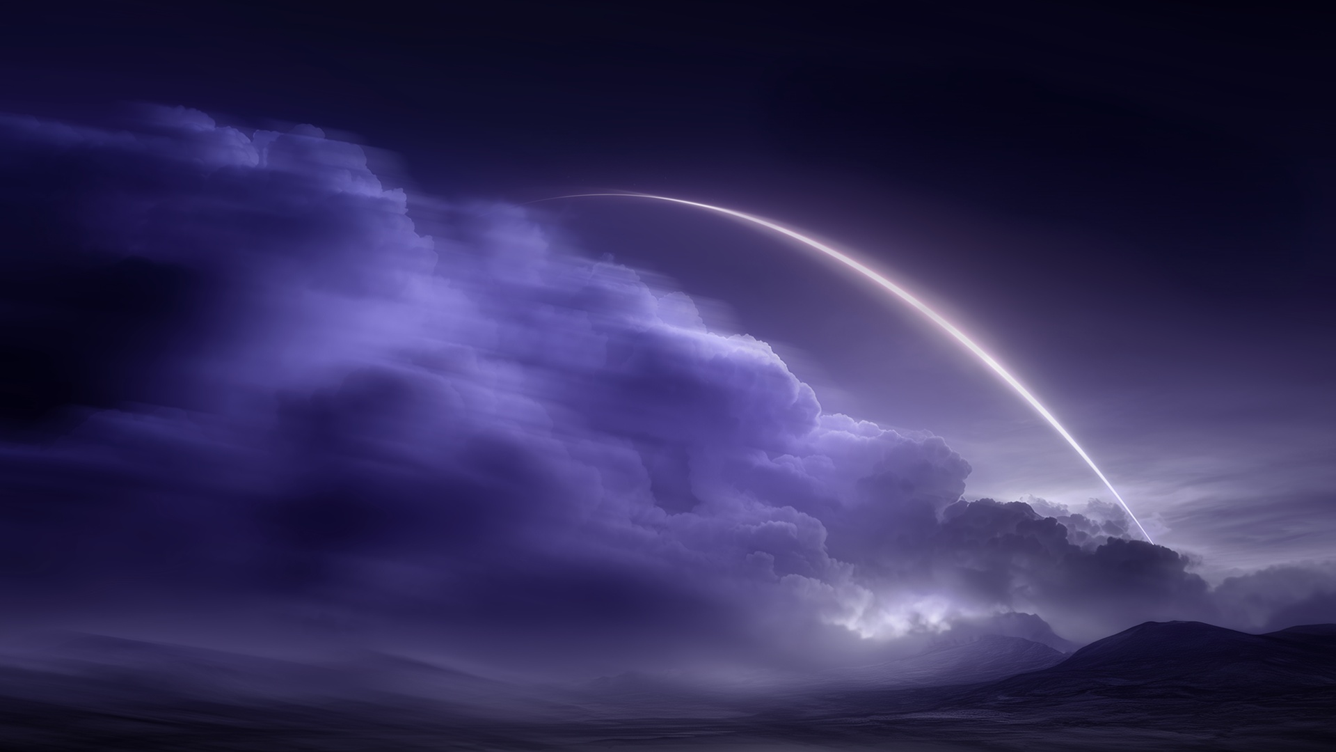 Purple clouds with glowing ring in sky.