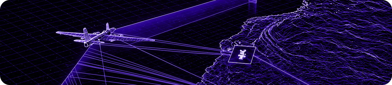 3D plane model with digital geolocation lines, purple theme.