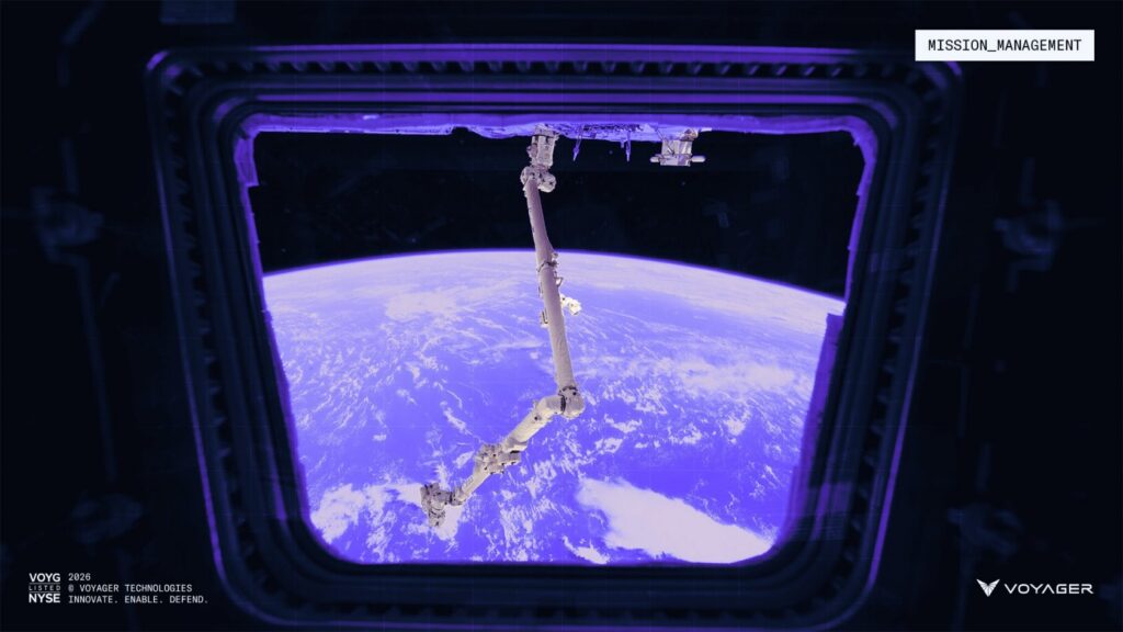 Space station arm over Earth view from window.