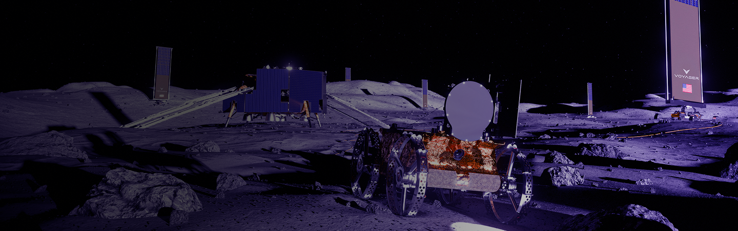 Rover on moon with solar panels and structures.