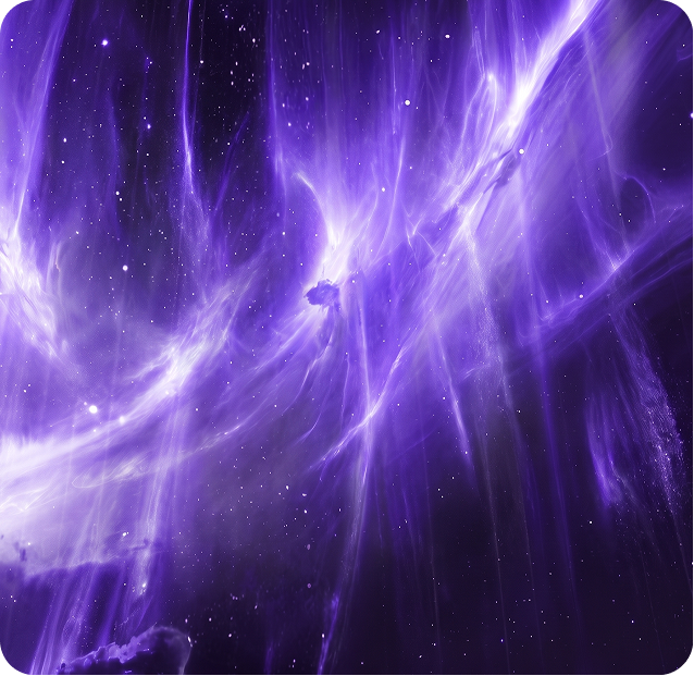 Vivid purple aurora lights in starry night sky.
