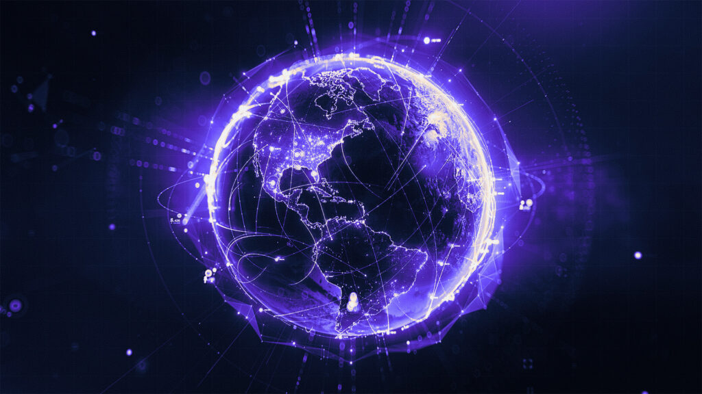 Glowing digital globe with interconnected networks.