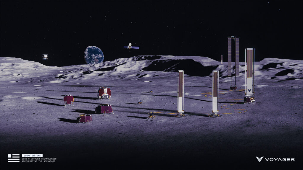 Concept art of solar-powered lunar base with Earth rising
