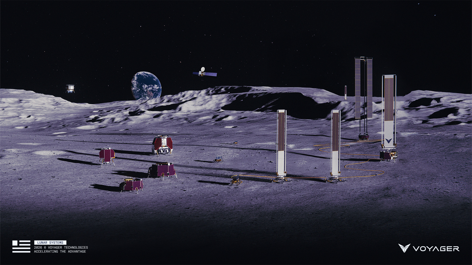 Concept art of solar-powered lunar base with Earth rising