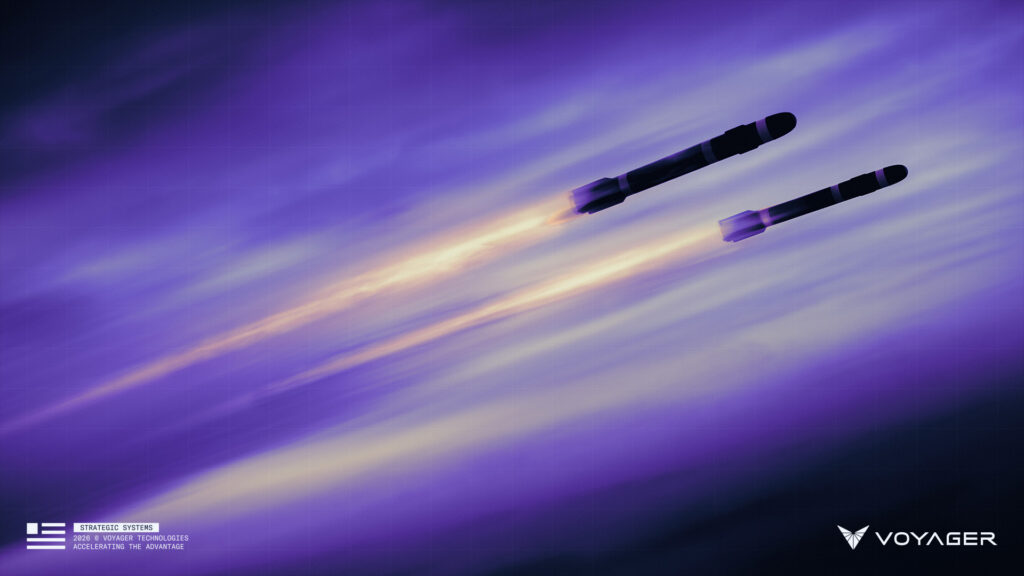 Two rockets flying in a purple sky