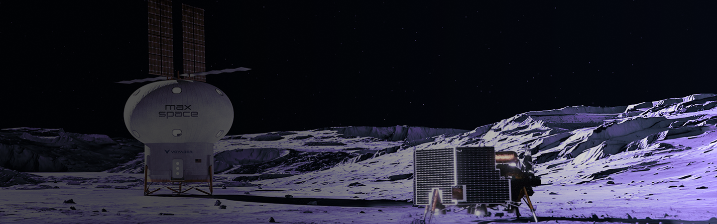 Lunar habitat and solar-powered rover on moonlit surface