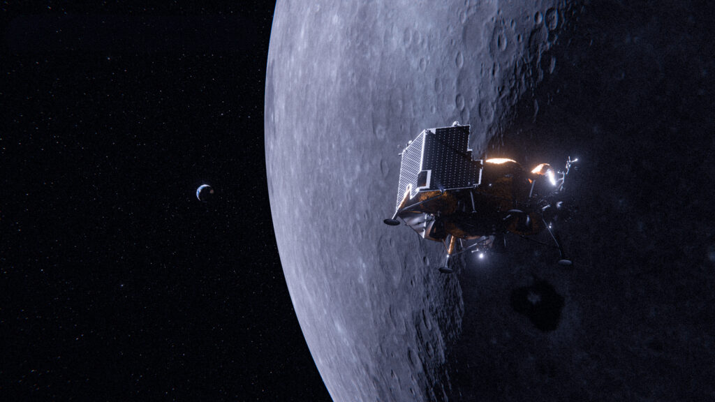 Spacecraft flying past cratered moon above starry space